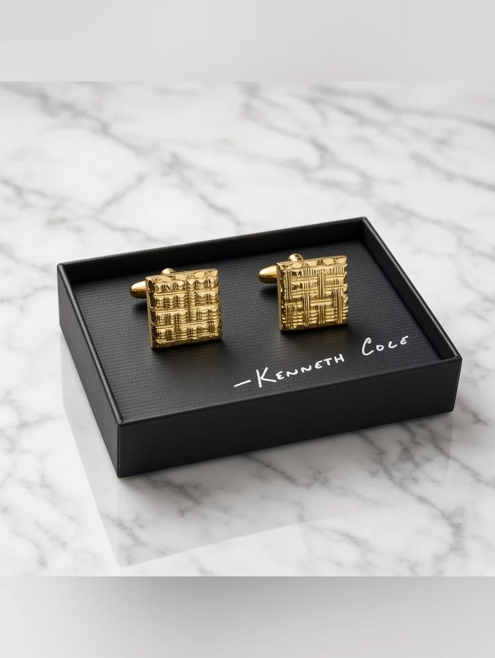 Kenneth Cole Gold Tone Textured Square Cufflinks Geometric Pattern